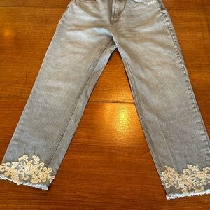 Zara Light Blue Cropped Jeans with Lace Detail